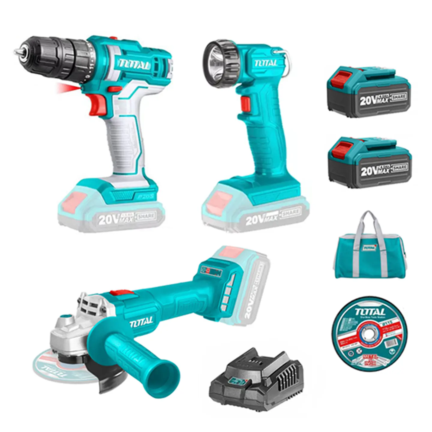 Taladro+ Galletera Esmeril+ Linterna 20v Total 1