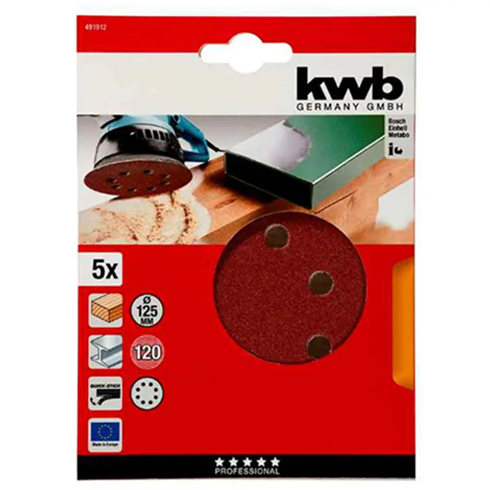 5 Disco Lija Para Pulir 125mm Velcro Grano 120 Kwb 2