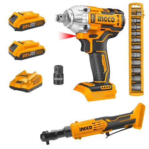 Kit Llave Chicharra 3/8 + Llave Impacto 20v Bat+ Carg Ingco