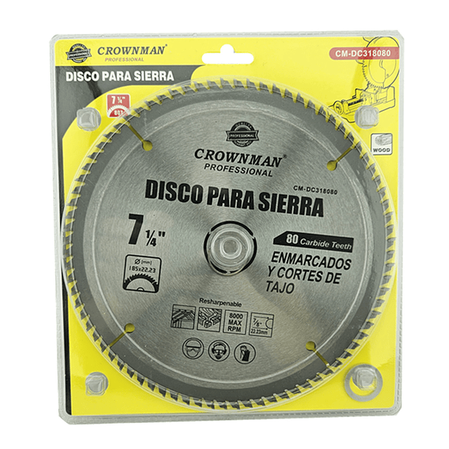 Disco De Corte Sierra 7 1/4 185mm 80 Dientes Crownman