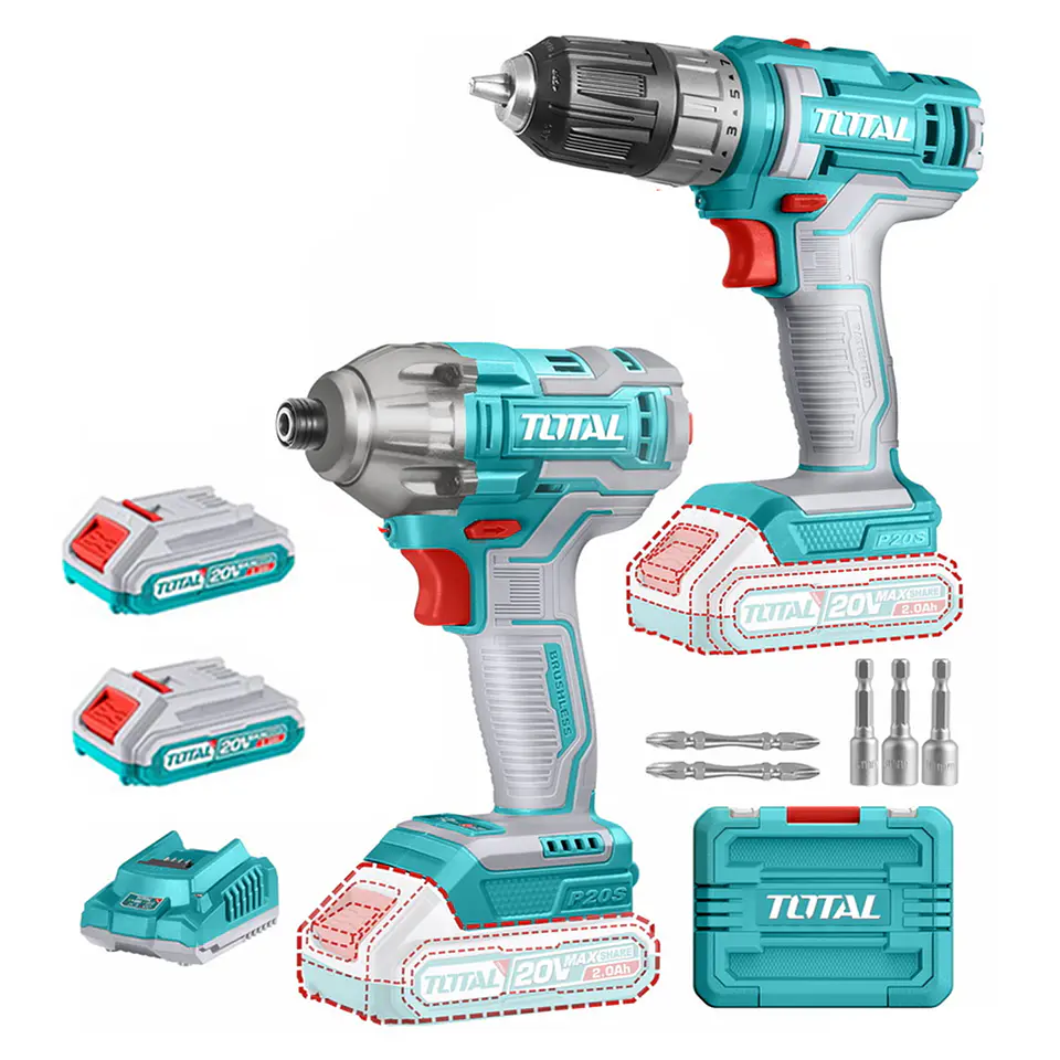 Kit Atornillador De Impacto + Taladro 20v 2bat + Carg Total 1