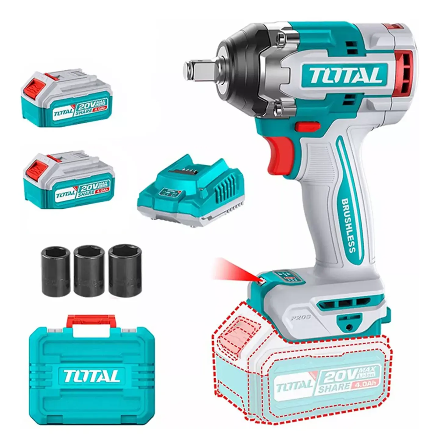 Taladro Pistola Llave Impacto 20v 2bat+ Carg Total Tiwli2050 1