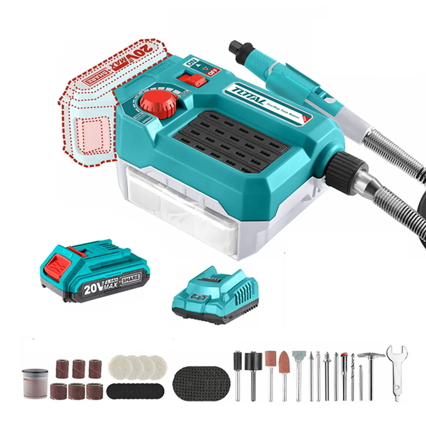 Mini Torno Herramienta Multiuso+40 Acc 20v Bat+ Carg Total 1