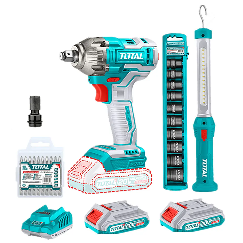 Kit Llave De Impacto 20v + Lampara Led+ Dados Y Puntas Total 1