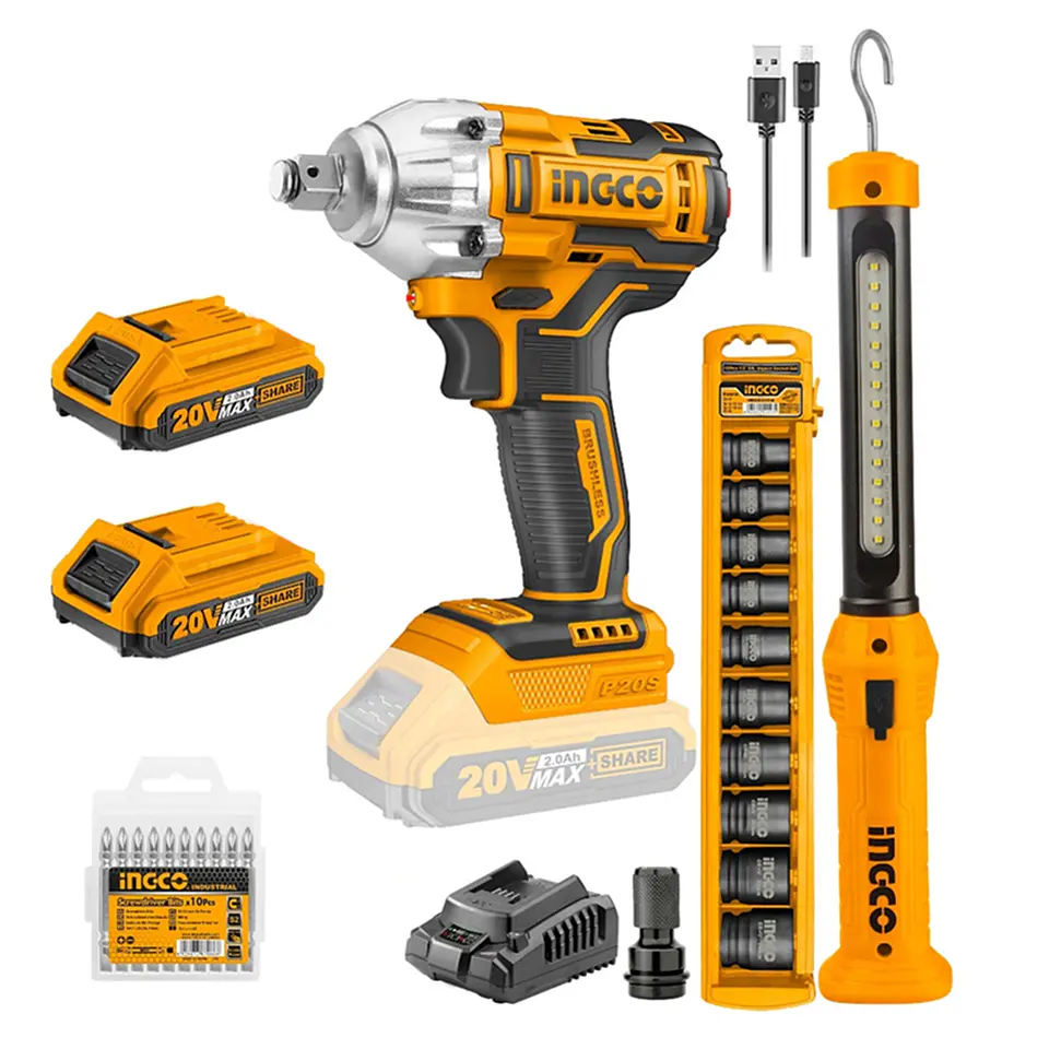Kit Llave De Impacto 20v + Lampara Led+ Dados Y Puntas Ingco 1