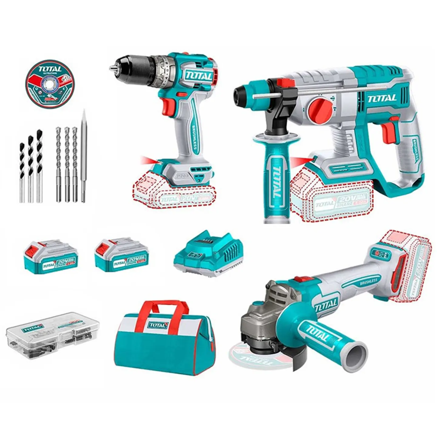 Kit Taladro + Rotomartillo + Galletera Esmeril 20v Total 1