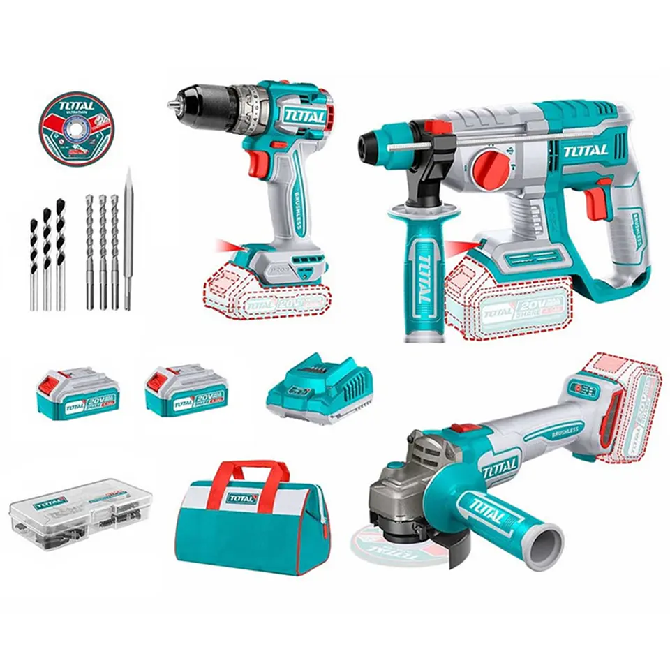 Kit Taladro + Rotomartillo + Galletera Esmeril 20v Total 1