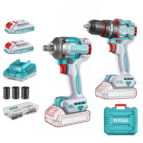 Kit Llave Impacto 400nm + Taladro 20v Carg+ 2bat Total