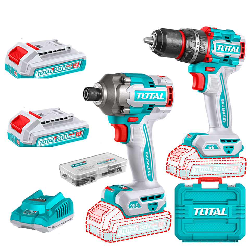 Kit Atornillador De Impacto+ Taladro 20v 2bat+ Carg Total 1