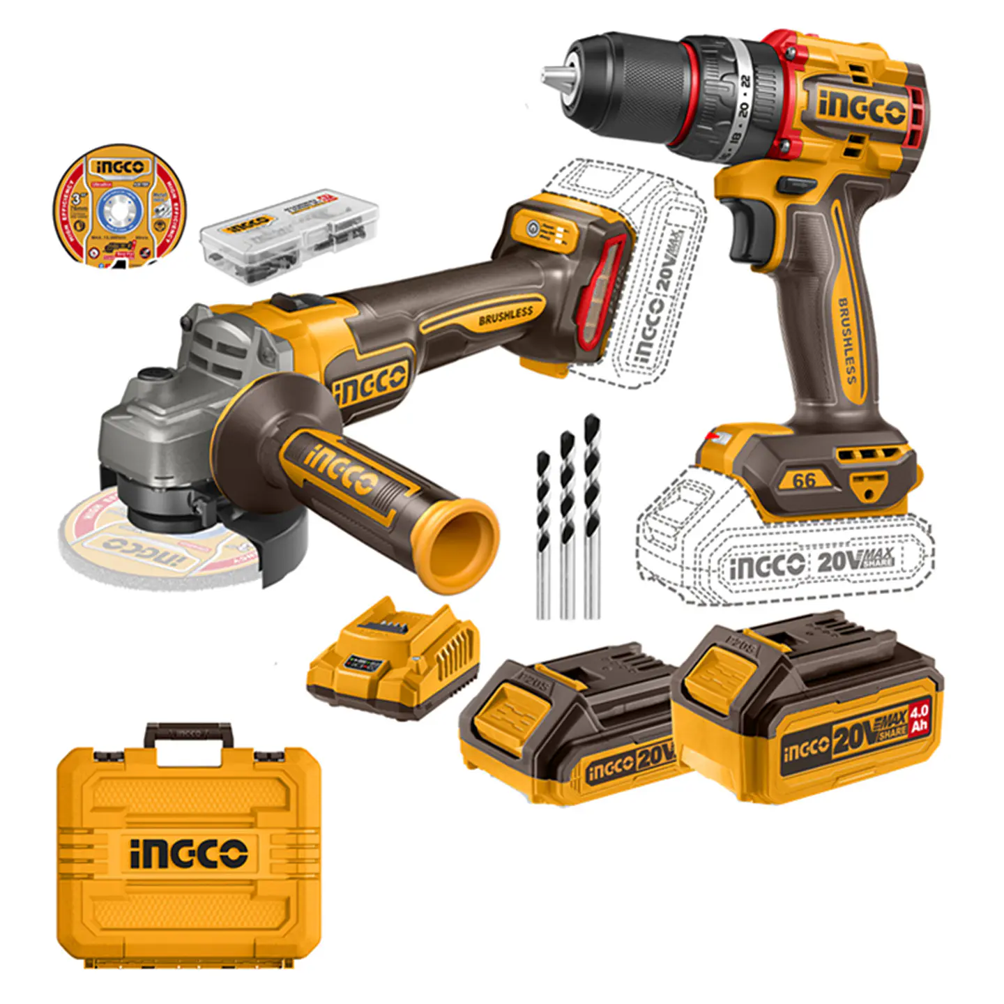 Taladro Atornillador + Galletera Esmeril Angular 20v Ingco  1