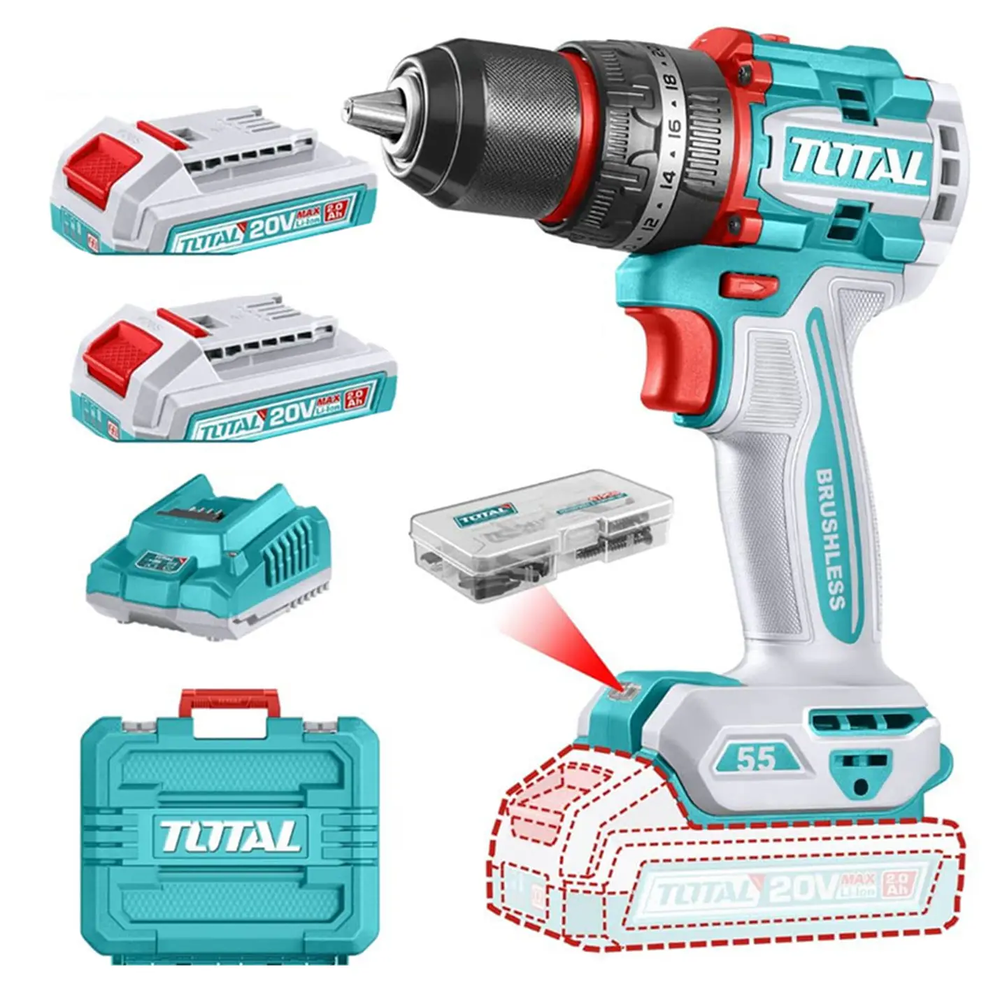 Taladro Atornillador Percutor 20v 2bat+carg Total Tidli20558 1