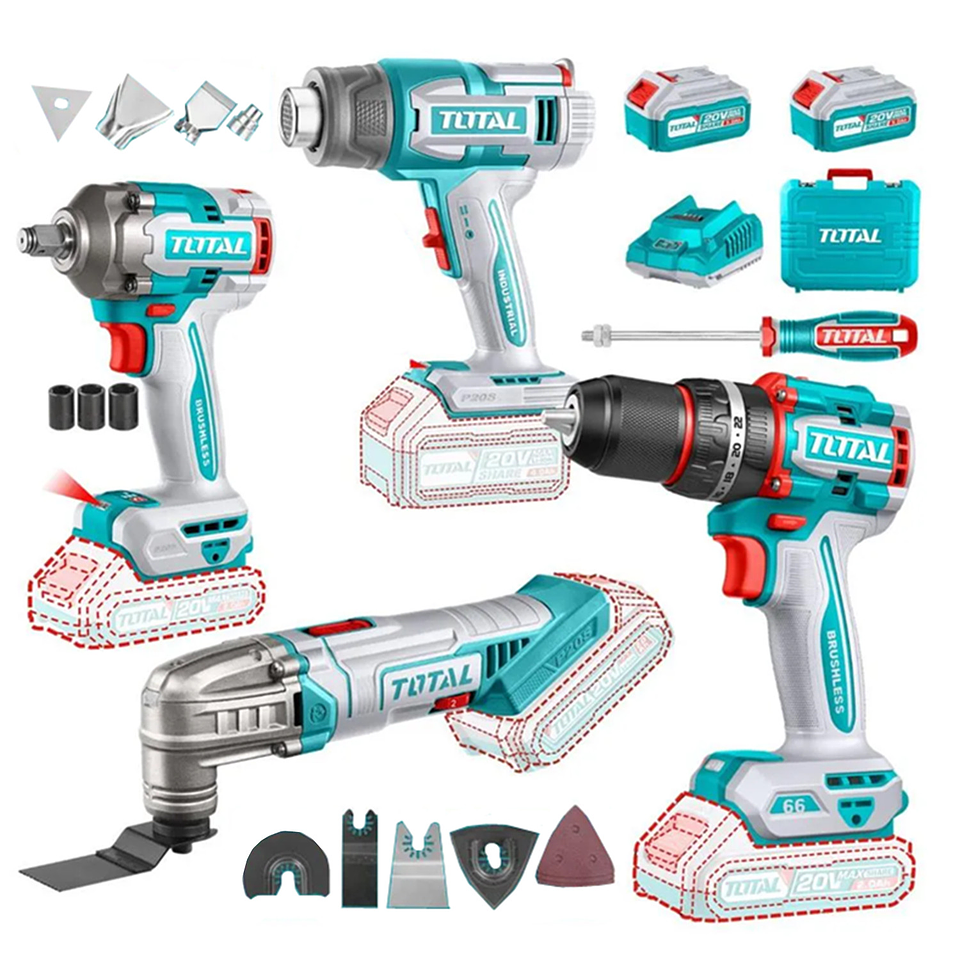 Llave Impacto+ Taladro+ Pistola De Calor+oscilante 20v Total 1