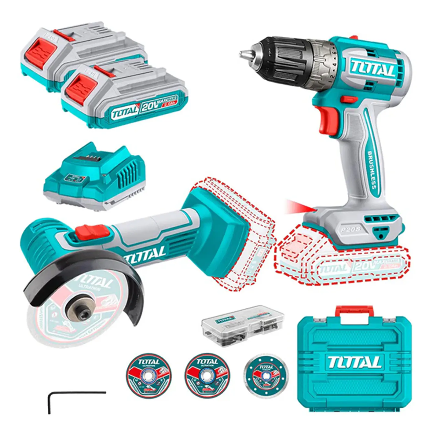 Mini Galletera Esmeril Angular+ Taladro 20v Total 1