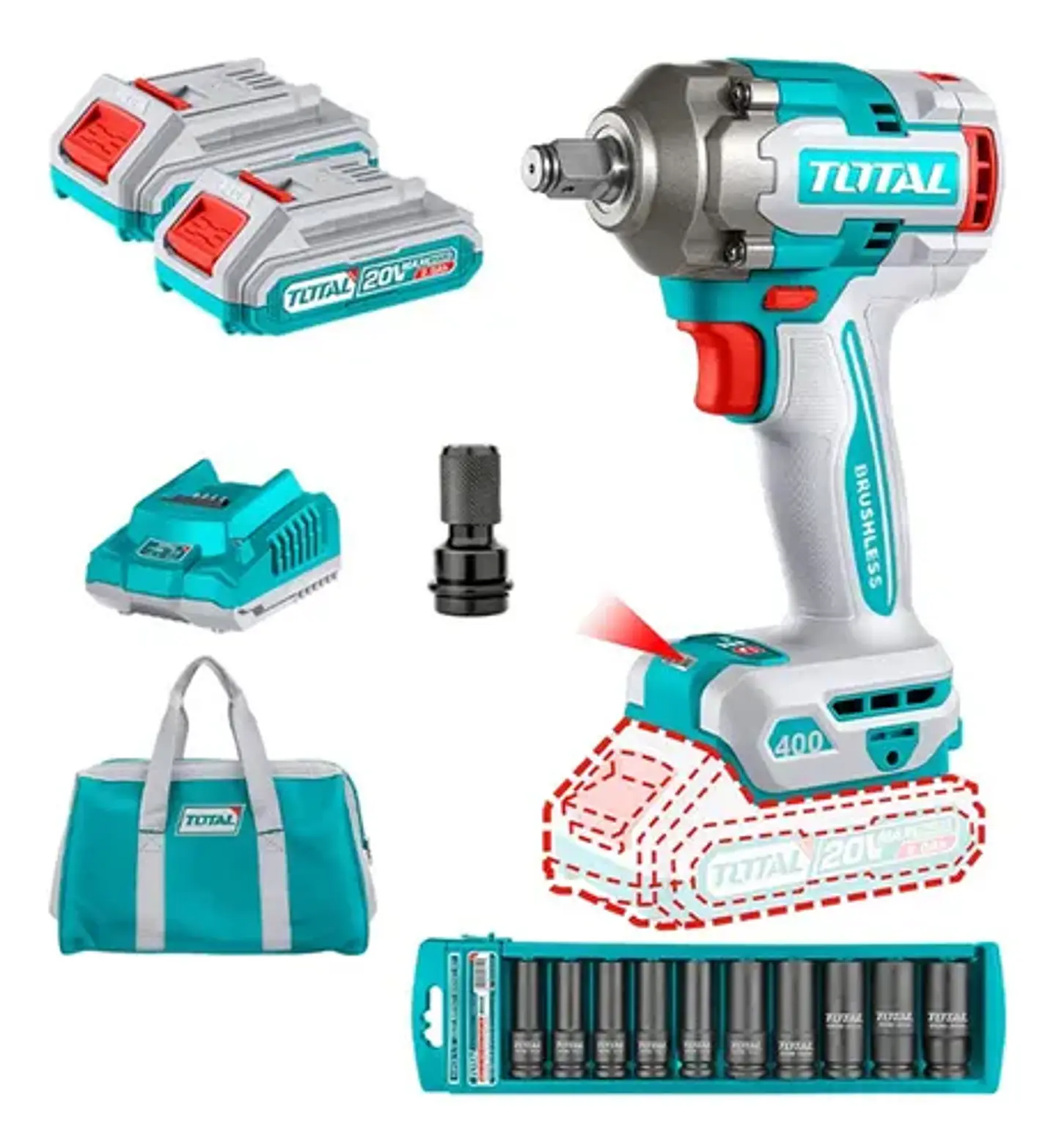 Taladro Pistola Llave Impacto 20v 2bat + Carg + Dados Total 1