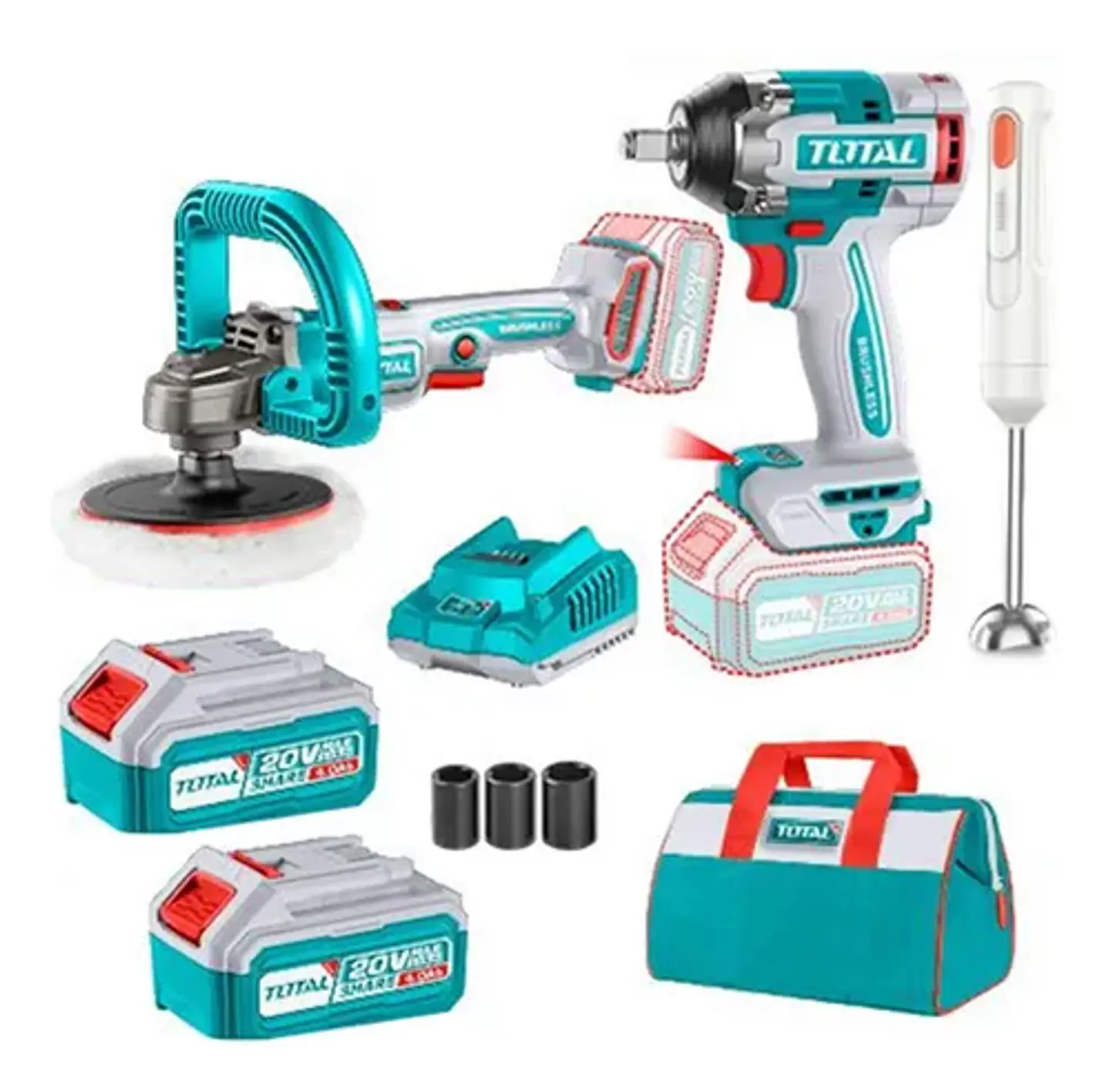 Kit Llave De Impacto + Pulidora + Batidora Multimixer 20v 1