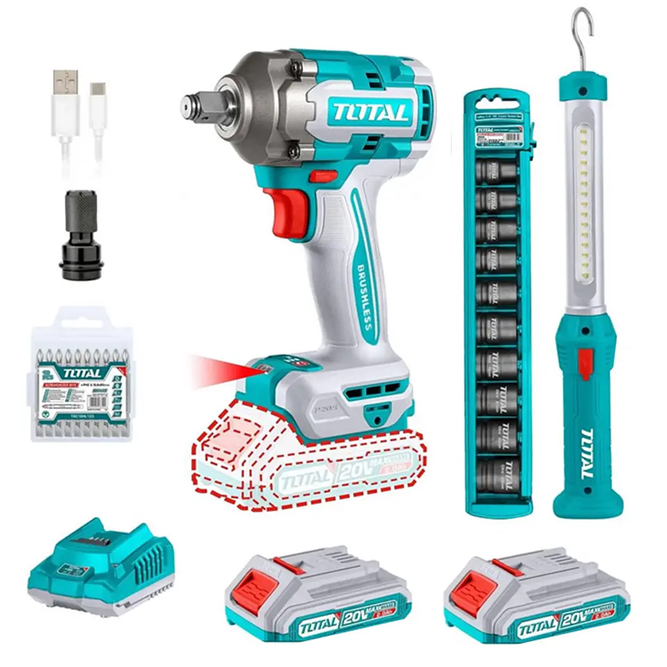 Kit Llave De Impacto 20v + Dados Y Puntas + Lampara Led Total 1