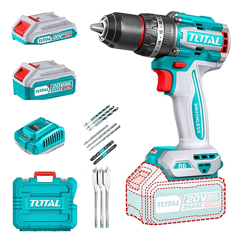 Taladro Inalambrico De Impacto 20v 13mm 86nm + Bateria + Cargador Total Tidli20868