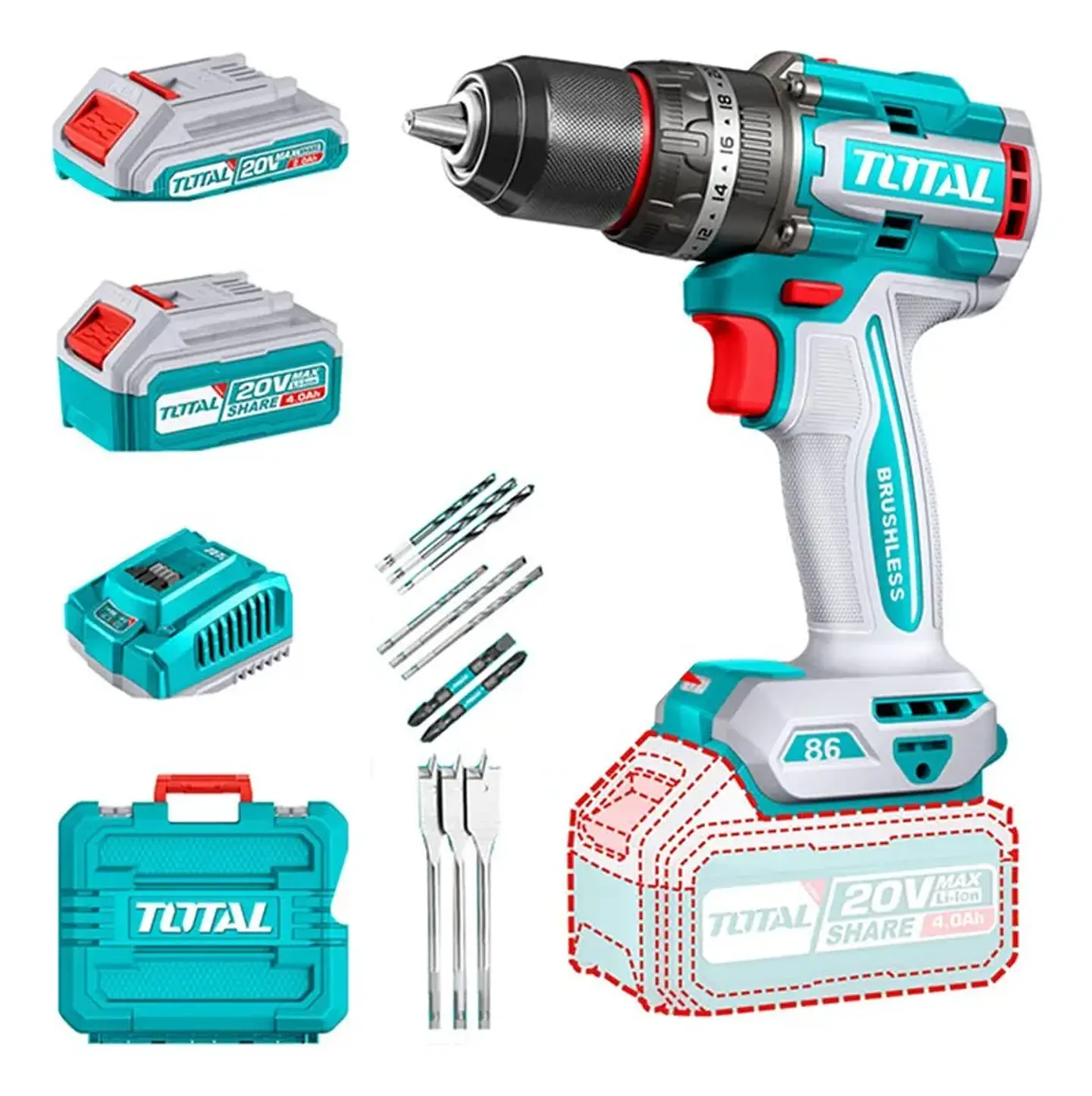 Taladro Inalambrico De Impacto 20v 13mm 86nm + Bateria + Cargador Total Tidli20868 1