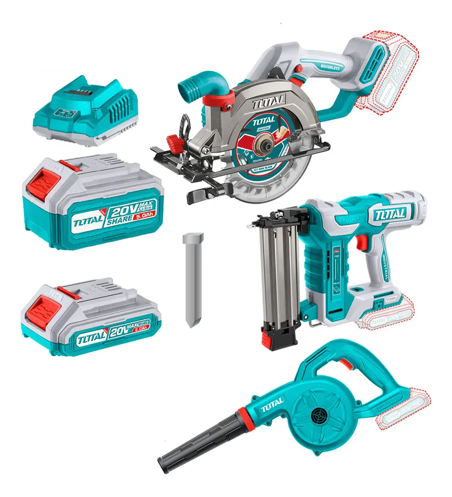 Kit Sierra Circular + Clavadora + Sopladora + Bateria + Cargador Total Tosli240683 1