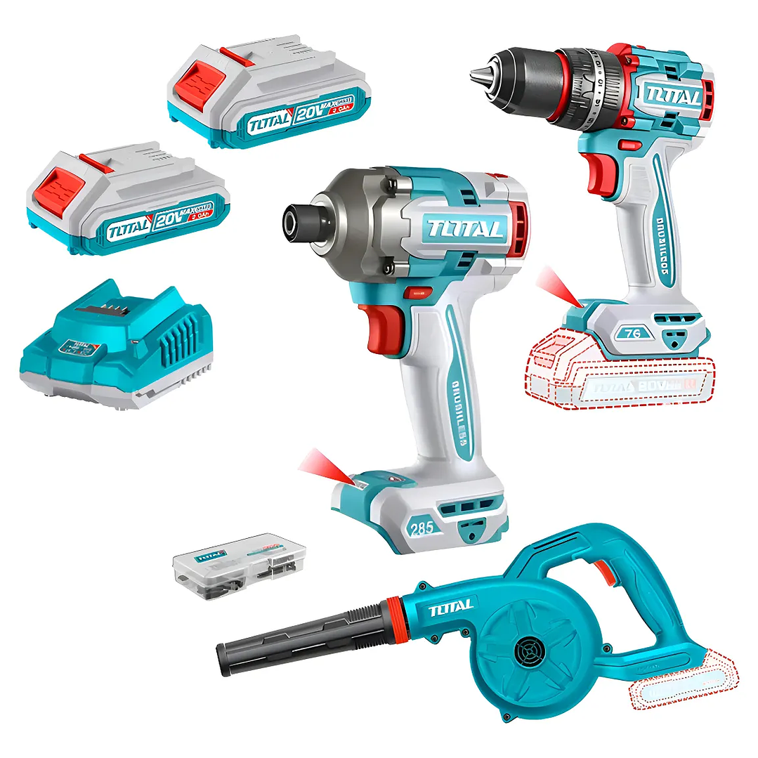 Kit Llave De Impacto + Taladro Percutor + Soplador 20v Total 1