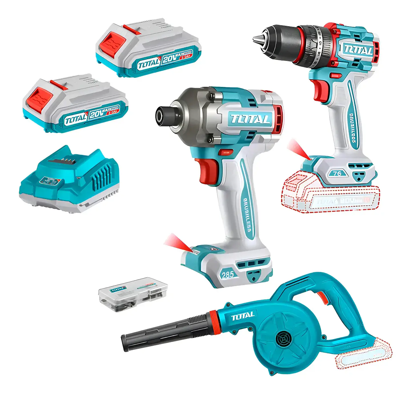 Kit Llave De Impacto + Taladro Percutor + Soplador 20v Total 1