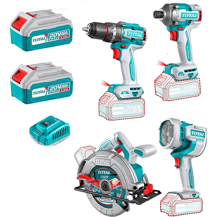 Taladro+ Atornillador+ Sierra Circular+ Lampara 20v Total 1
