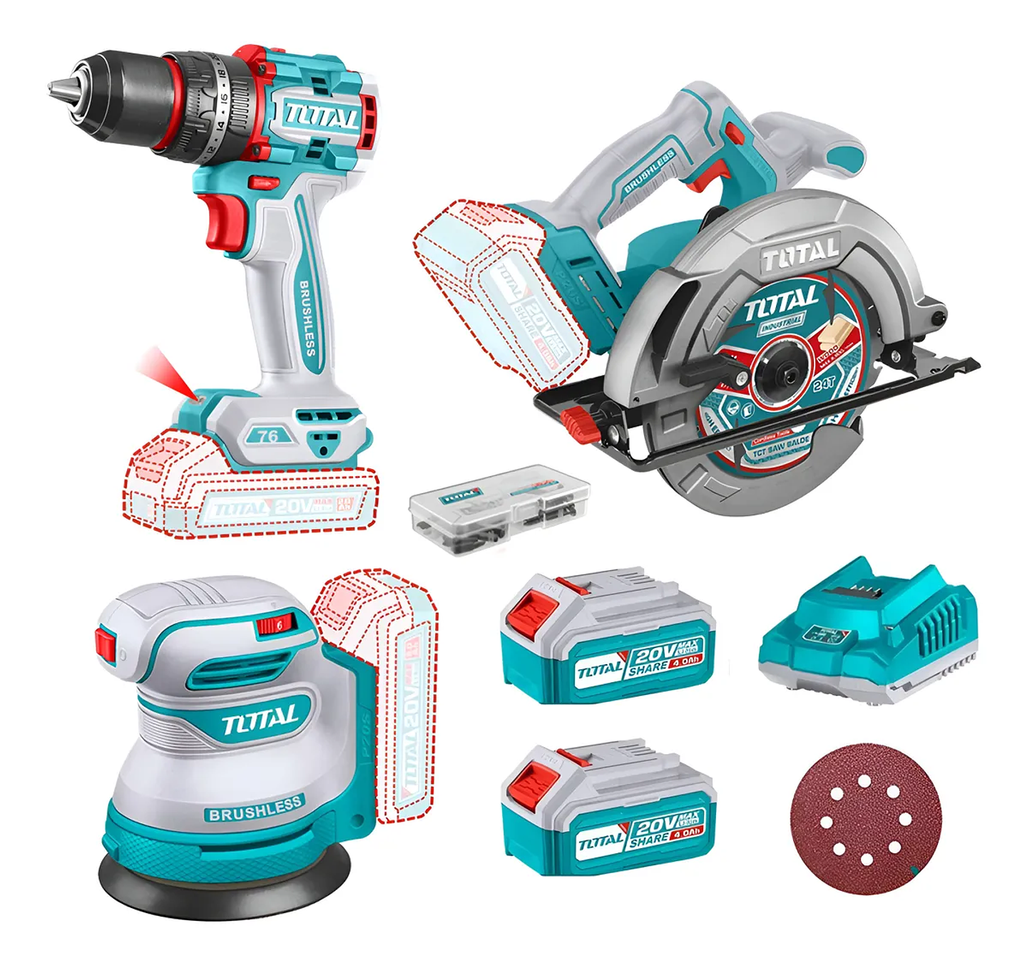 Sierra Circular+ Lijadora+ Taladro Percutor 76nm 20v Total 1