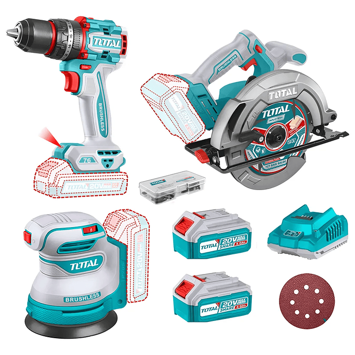 Sierra Circular+ Lijadora+ Taladro Percutor 76nm 20v Total 1