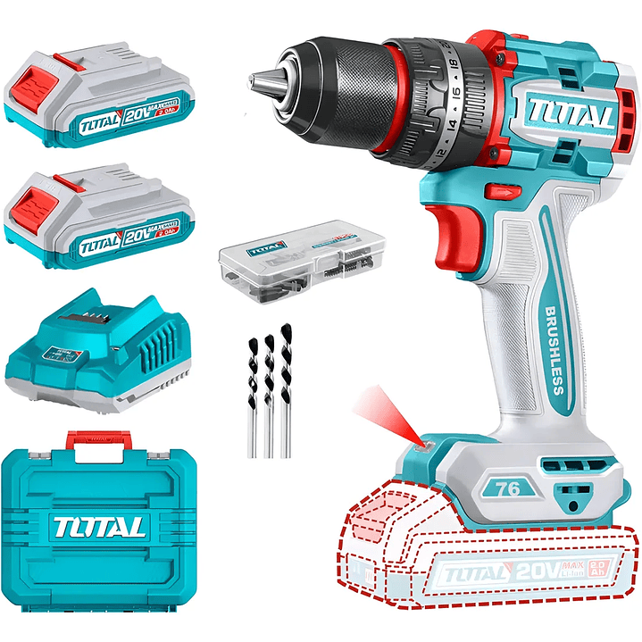 Taladro Atornillador Percutor 20v 2bat+carg Total Tidli20768 Color Turquesa Frecuencia 20V 1