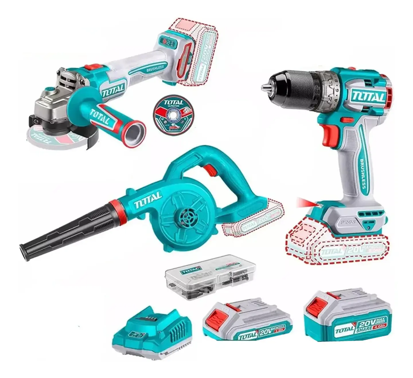 Kit Taladro + Esmeril + Sopladora Inalambrica Total Tosli241192 1