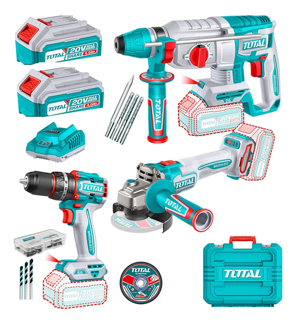 Kit Taladro + Esmeril + Rotomartillo 20v Total Tosli241198 1