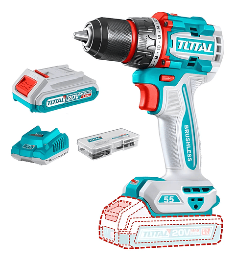 Taladro Inalambrico 20v 13mm 55nm + Bateria + Cargador Total Tdli205582