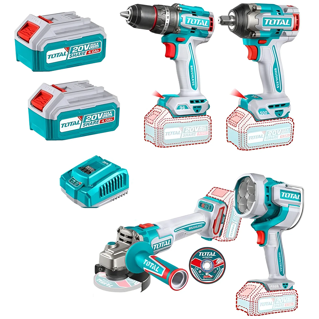 Taladro+ Llave Impacto+ Galletera Esmeril+ Lampara 20v Total 1