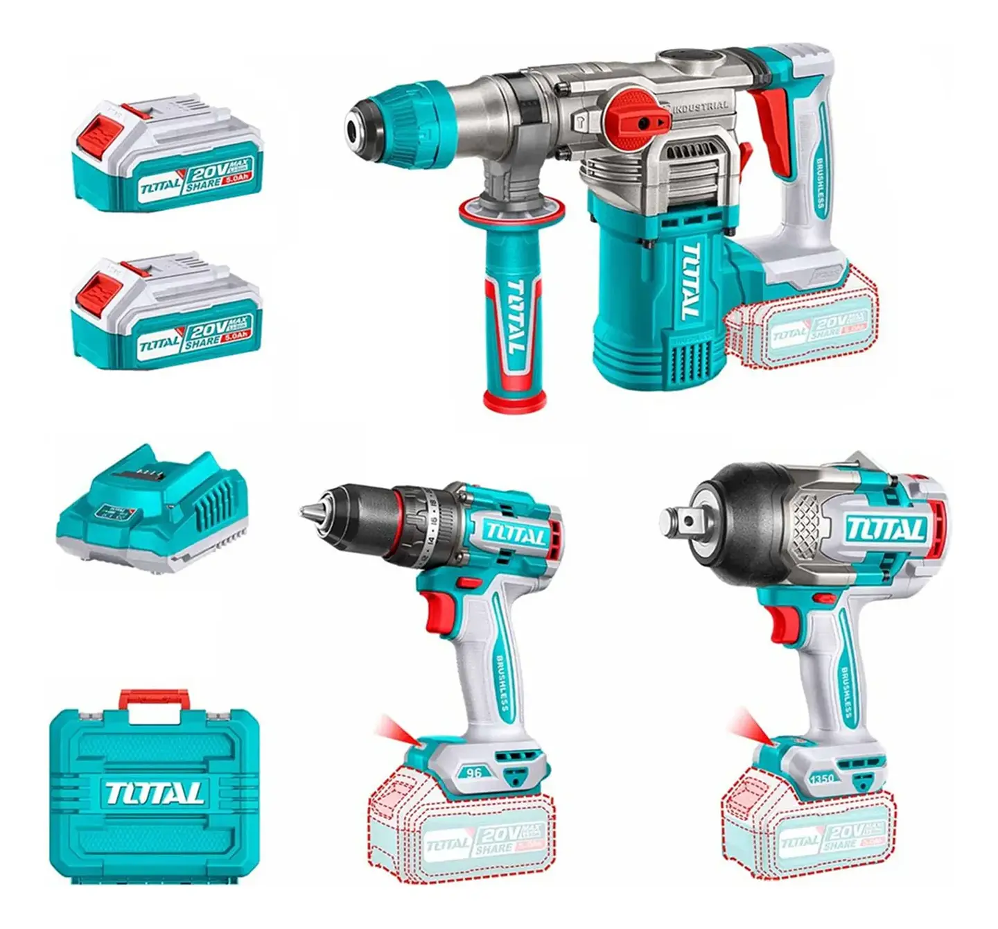 Kit Rotomartillo+ Taladro Percutor+ Llave Impacto 20v Total 1