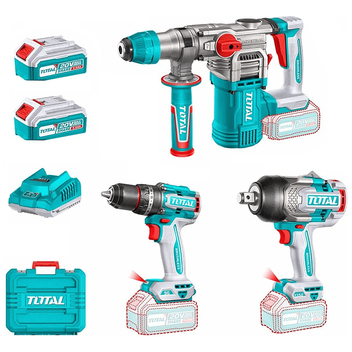 Kit Rotomartillo+ Taladro Percutor+ Llave Impacto 20v Total 1