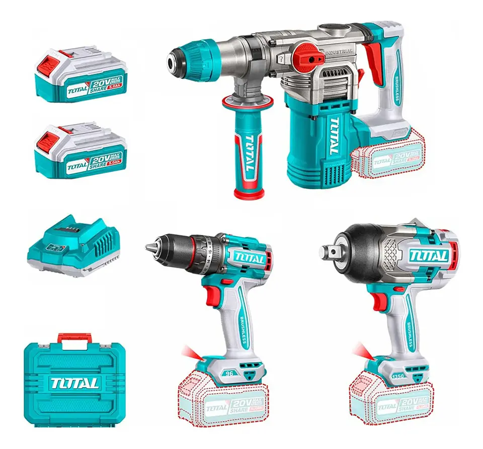 Kit Rotomartillo+ Taladro Percutor+ Llave Impacto 20v Total 1