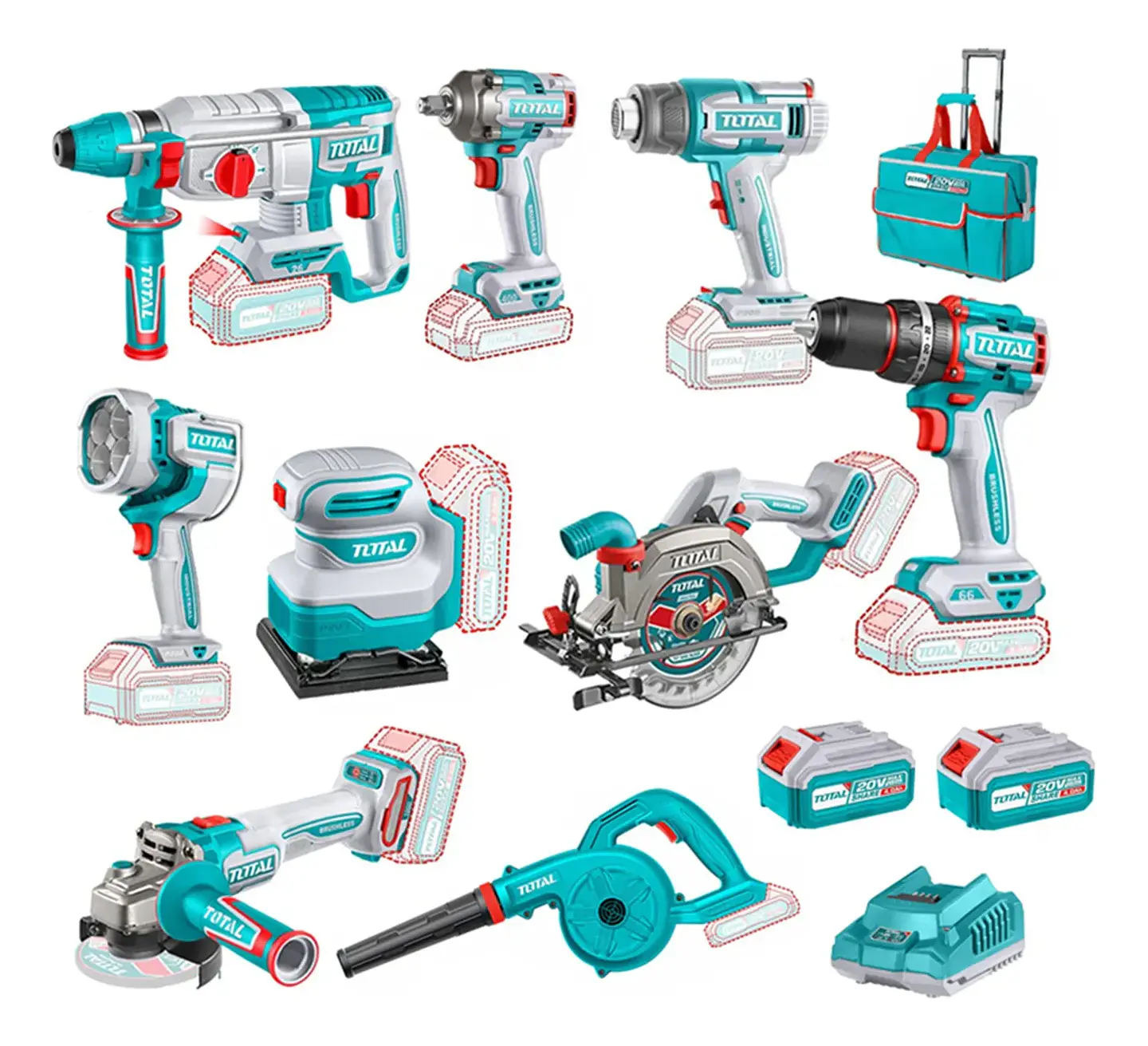 Kit Herramientas Inalámbricas 20v 9 Pcs+ 2 Bat+ Carg Total 1