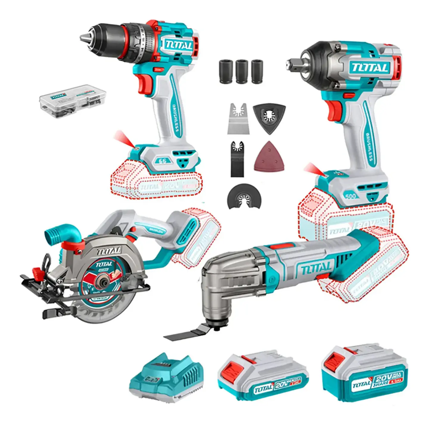 Taladro+ Llave Impacto+ Sierra+ Herramienta Oscilante 20v 1