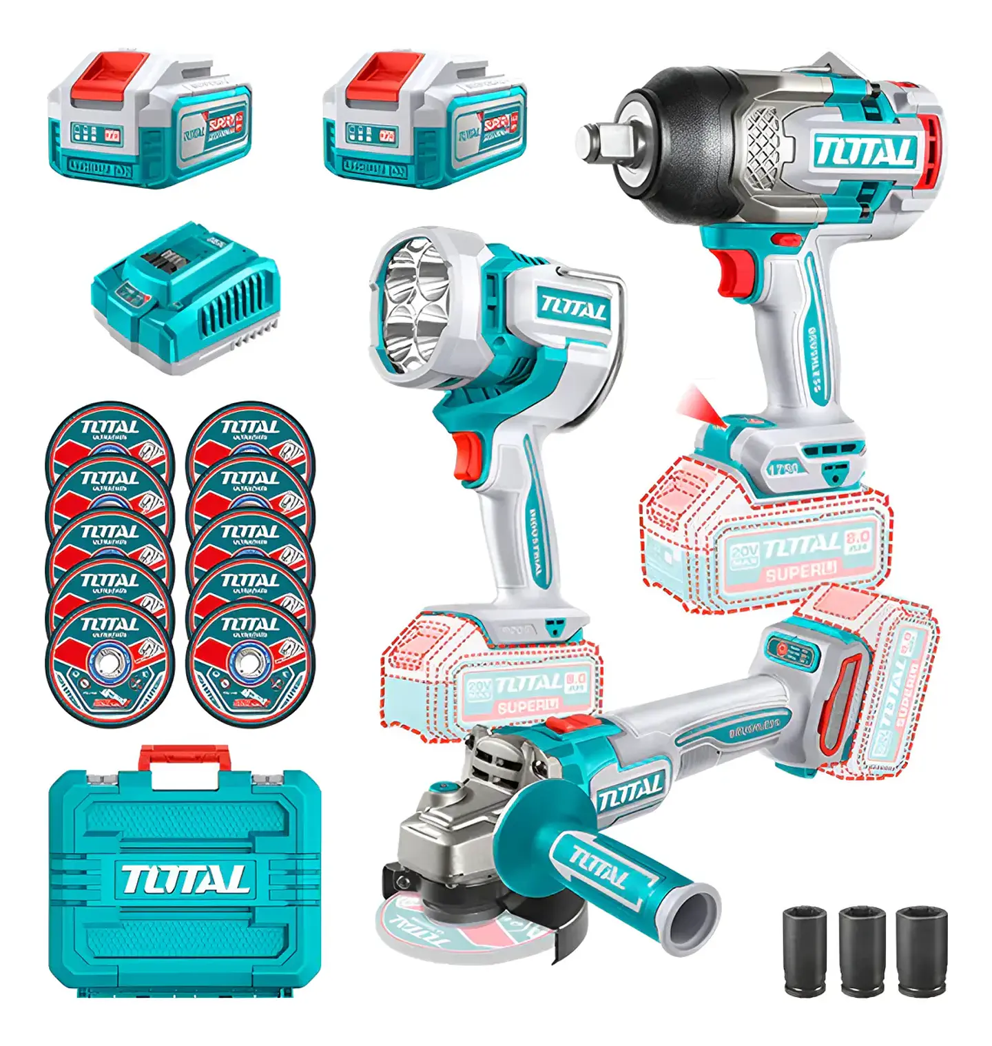 Llave Impacto 1750nm+ Galletera Esmeril+ Lampara 20v Total 1