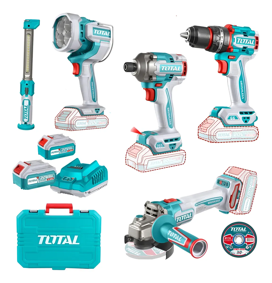 Llave Impacto+ Taladro+ Galletera Esmeril+ Lampara 20v Total