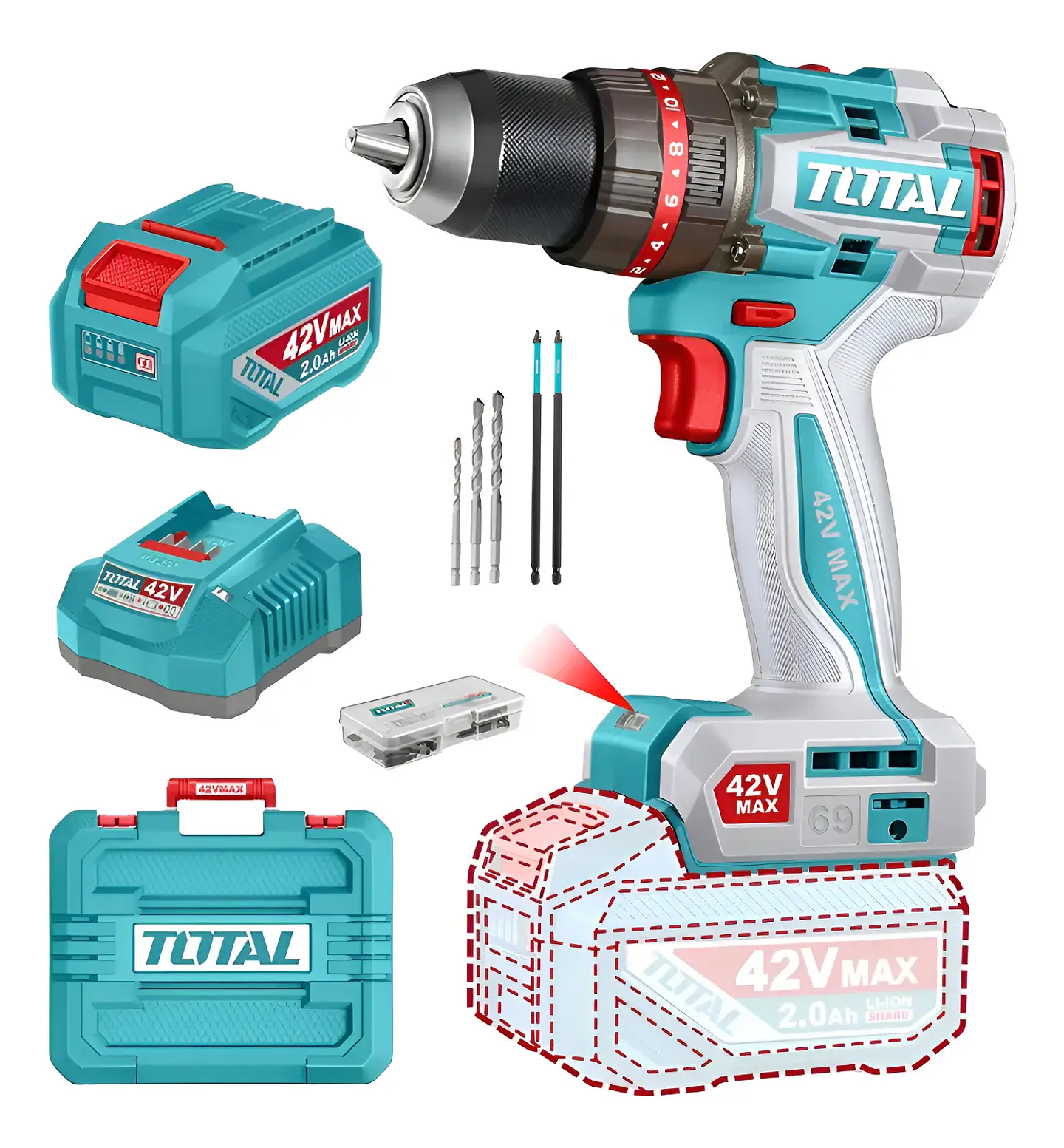 Taladro Atornillador Percutor 42v Bat+carg Total Tidli426981 Color Turquesa 1