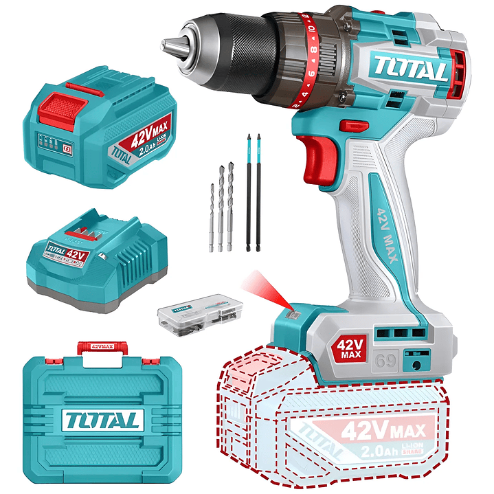 Taladro Atornillador Percutor 42v Bat+carg Total Tidli426981 Color Turquesa 1