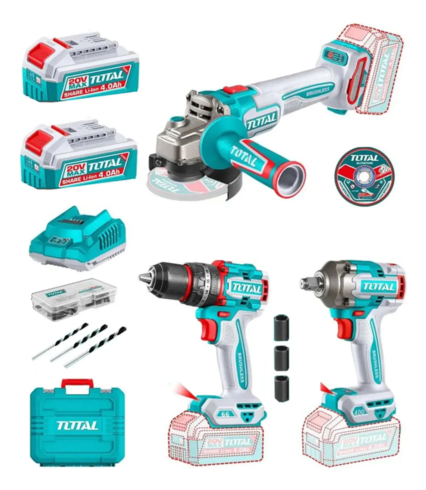 Taladro+ Llave De Impacto+ Galletera Esmeril Total 1