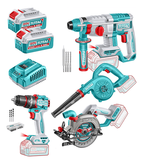 Kit Sierra Circular + taladro + rotomartillo + soplador 20v Total