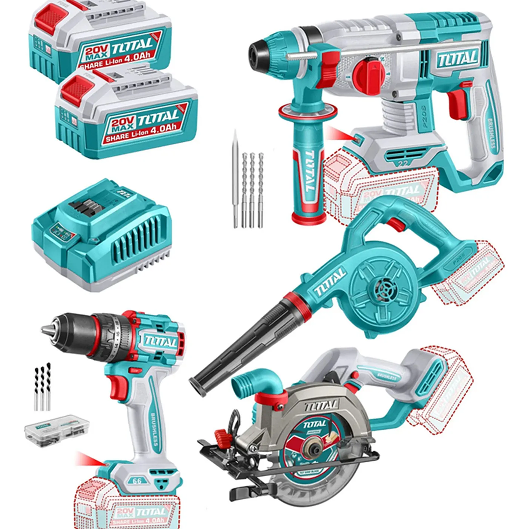 Kit Sierra Circular + taladro + rotomartillo + soplador 20v Total 1
