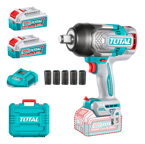 Taladro Pistola Llave Impacto 20v 2bat+ Carg 1050nm Total Unico 20v