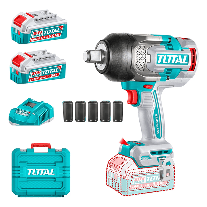 Taladro Pistola Llave Impacto 20v 2bat+ Carg 1050nm Total Unico 20v 1