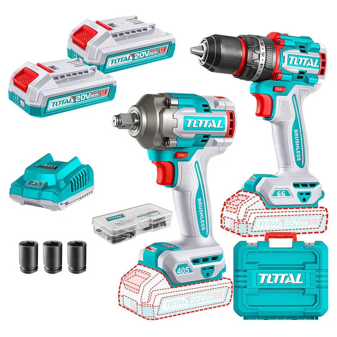 Kit Taladro Percutor 66nm + Llave Impacto 405nm 20v Total 1