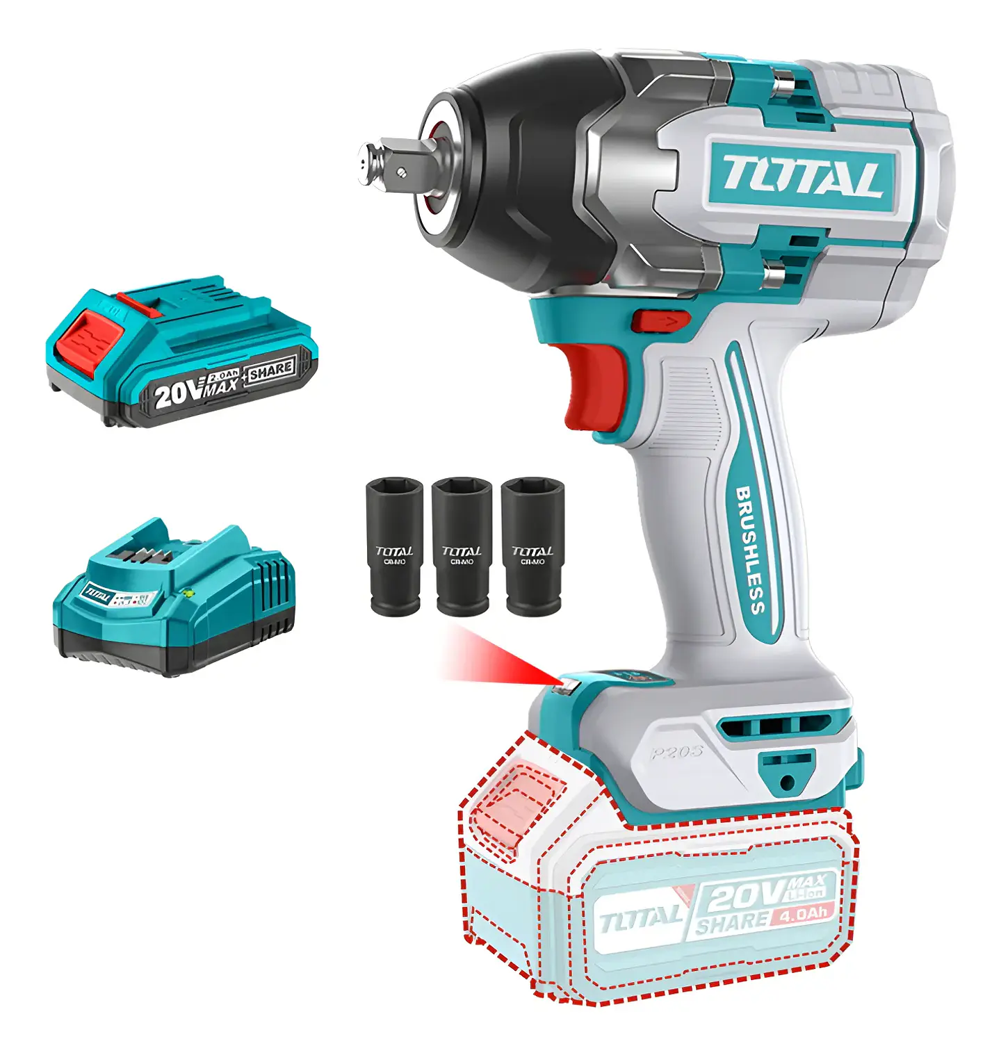 Taladro Pistola Llave Impacto 20v Batería + Cargador 850nm Total 1