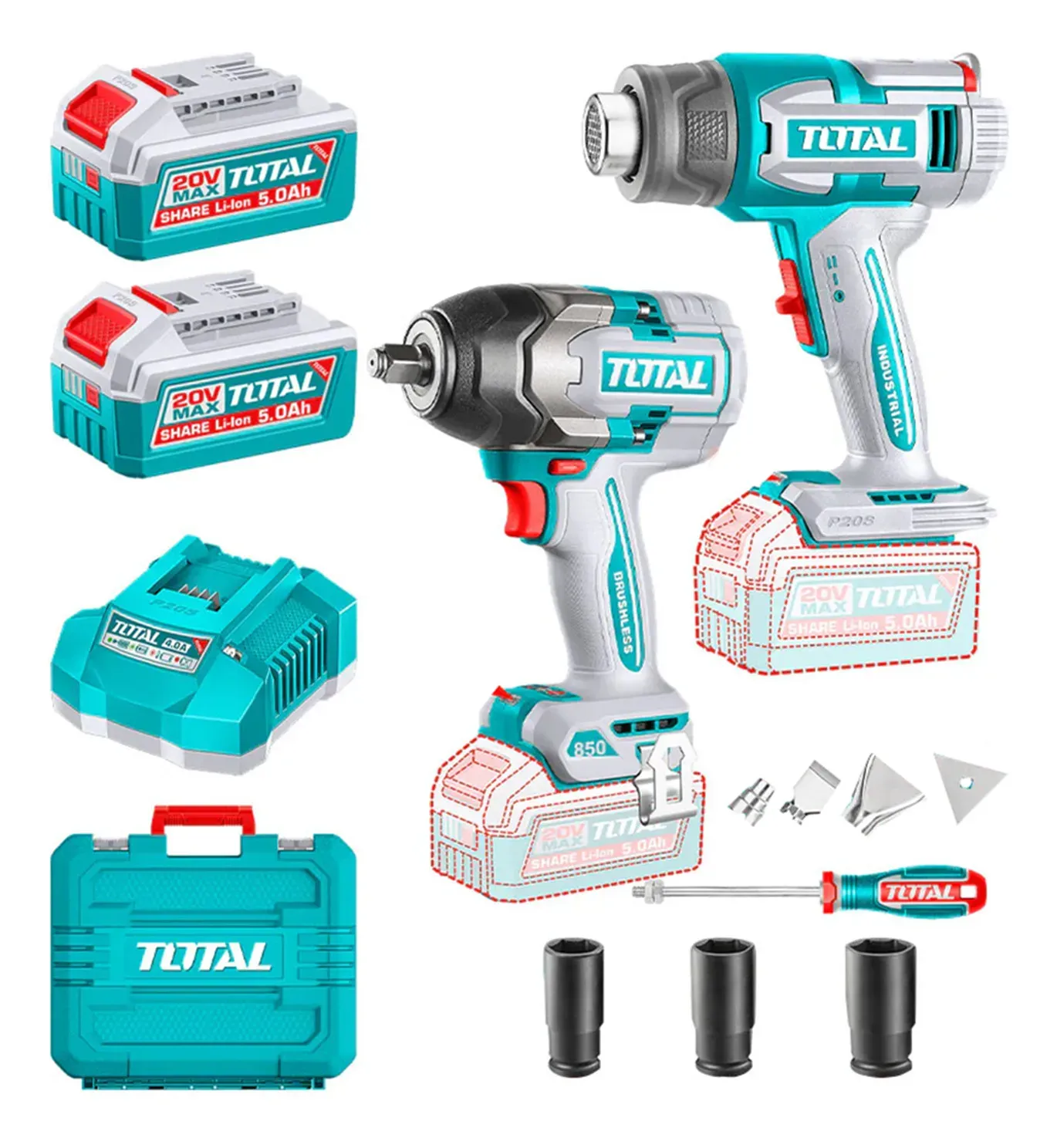 Kit Llave Impacto 850nm + Pistola Calor 20v Total